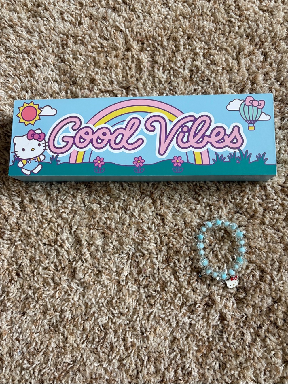 Hello Kitty Kids Blue Beaded Charm Bracelet & Good Vibes Wooden Sign